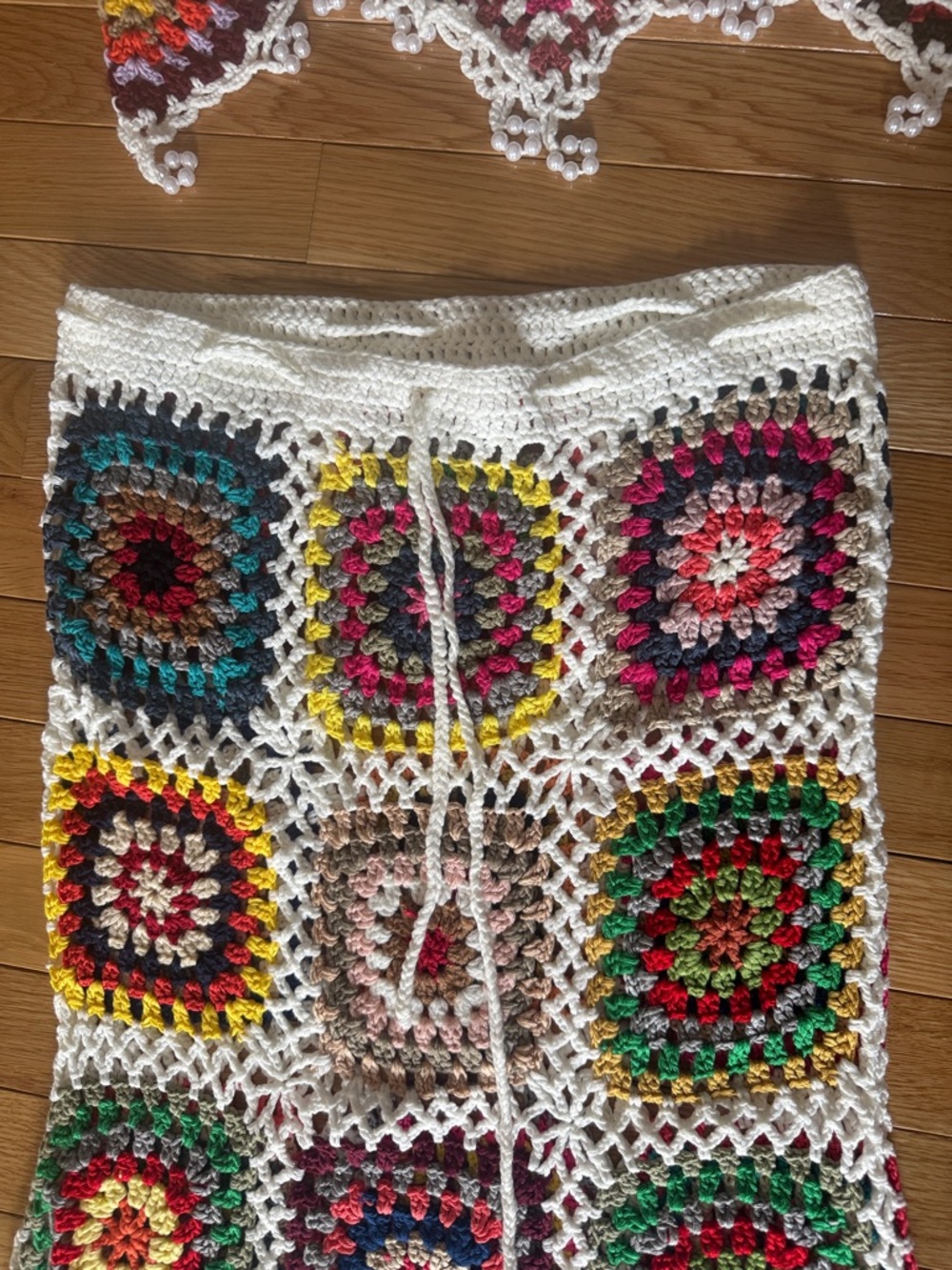 Handmade Crochet Two-Piece Set in White with Multicolor Squares - Picture 3 of 7